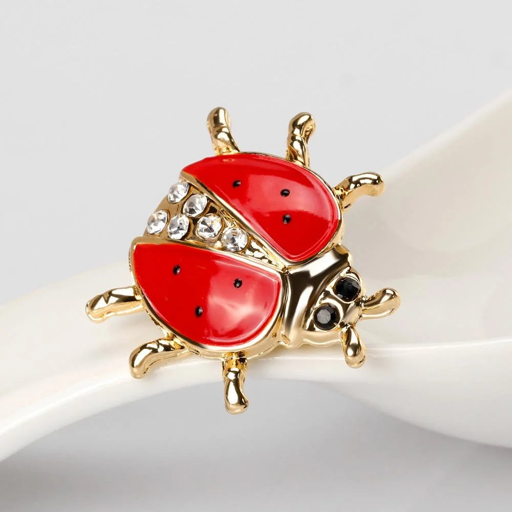Cute Red Enamel Ladybug Brooch With Rhinestones, Gold Tone Alloy Lapel Pin Corsage Gift For Women