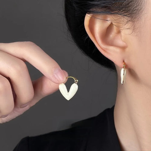 French Elegant White Heart Drop Earrings, Copper Minimalist Small Daily Jewelry