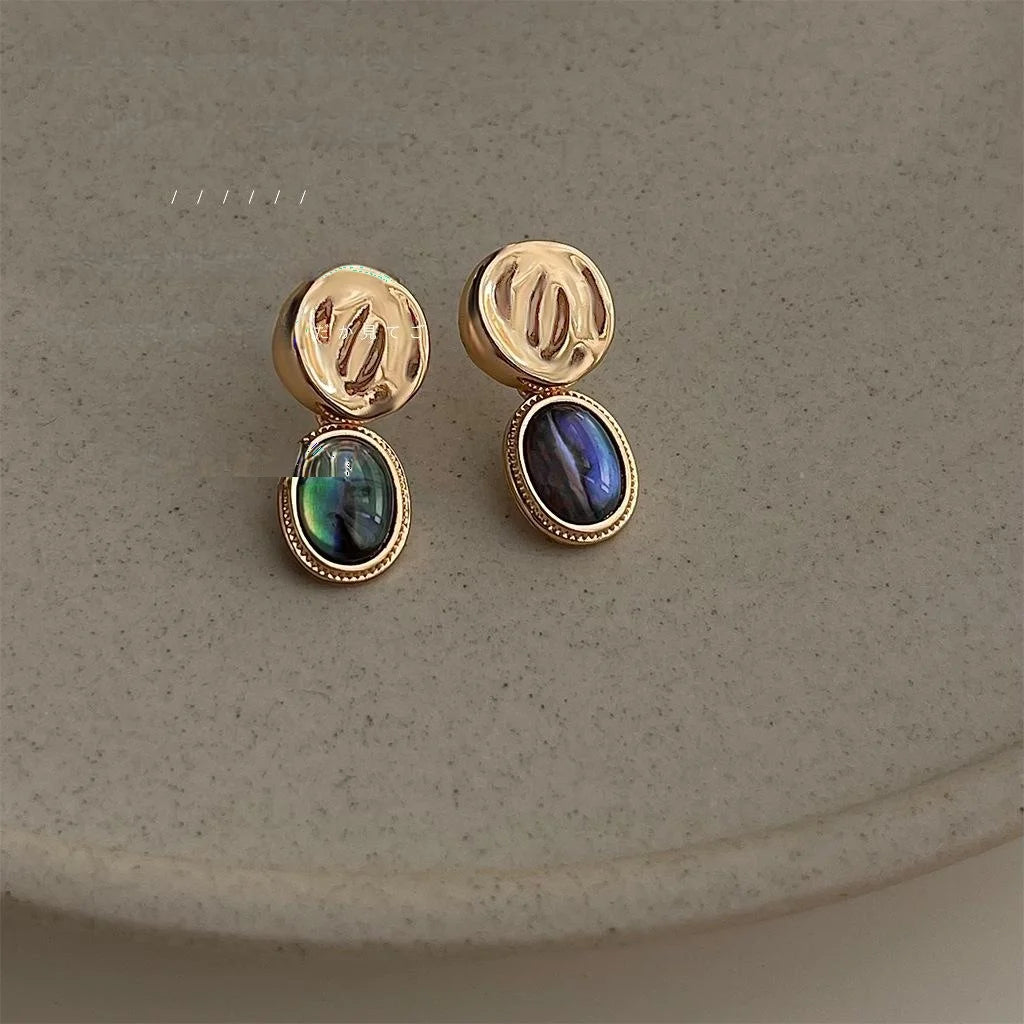French Vintage Abalone Shell Copper Geometric Round Oval Drop Earrings Elegant Jewelry