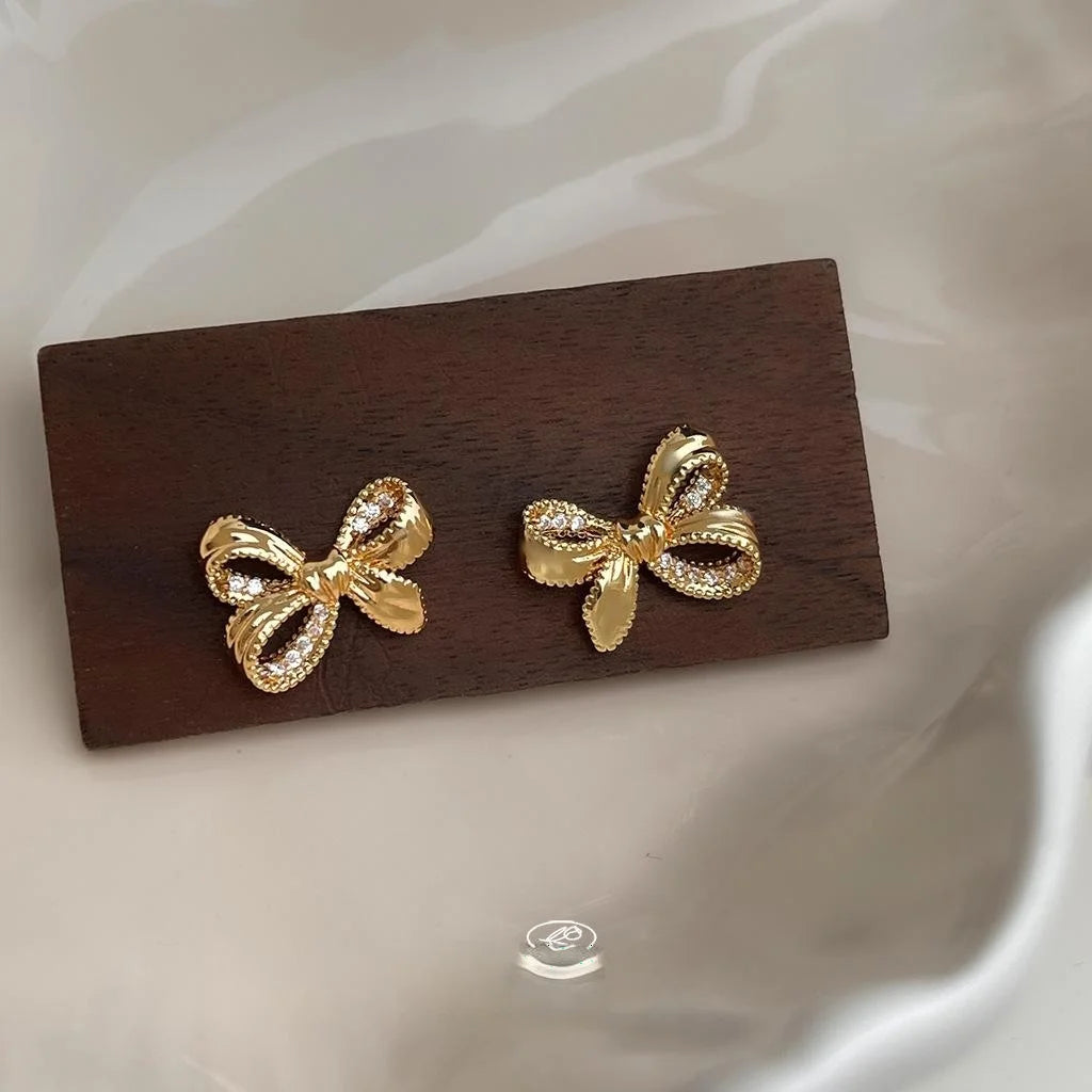 Light Luxury Copper Bow Knot Ribbon Micro Pave Zircon Silver Plated Stud Earrings