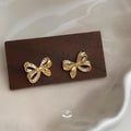 Light Luxury Copper Bow Knot Ribbon Micro Pave Zircon Silver Plated Stud Earrings