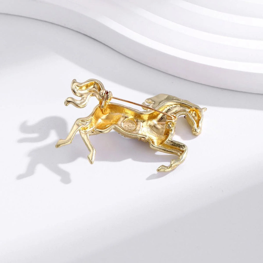 Elegant Gold Alloy Galloping Horse Brooch With Faux Pearl And Rhinestones, Luxury Lapel Pin Suit Accessory