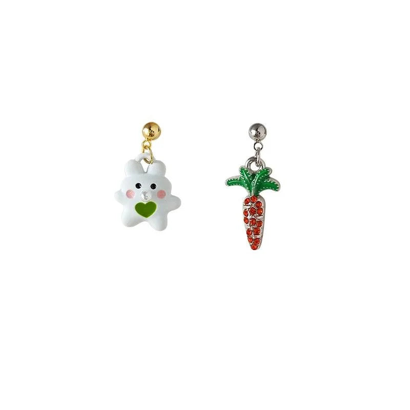 Cute Rabbit Carrot Asymmetric Stud Earrings Silver Plated Copper Cartoon Fresh Style Jewelry