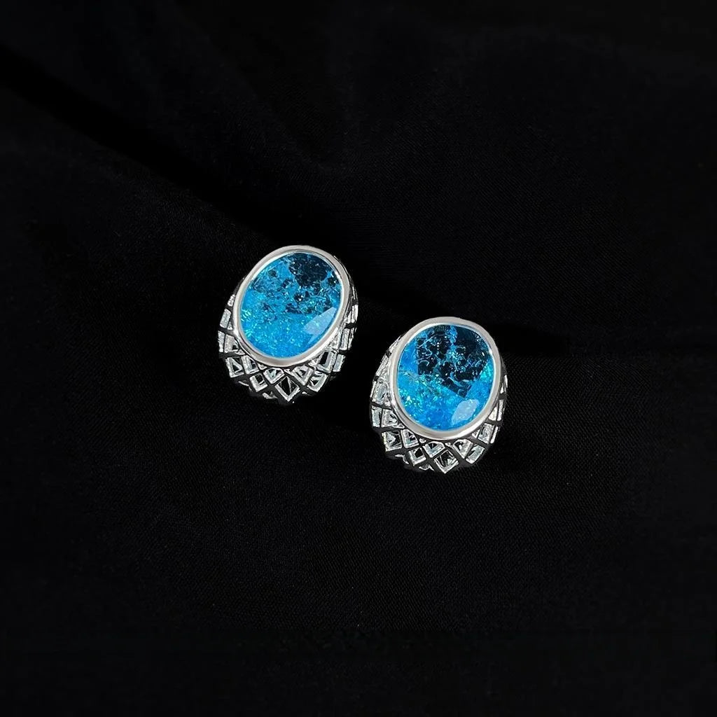Premium Aquamarine Zircon Hollow Oval Geometric Copper Drop Earrings