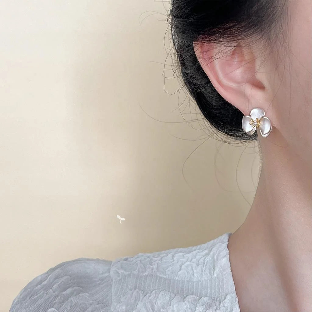 14K Gold Plated Copper Orchid Flower Stud Earrings Elegant Fashion Commuter Jewelry