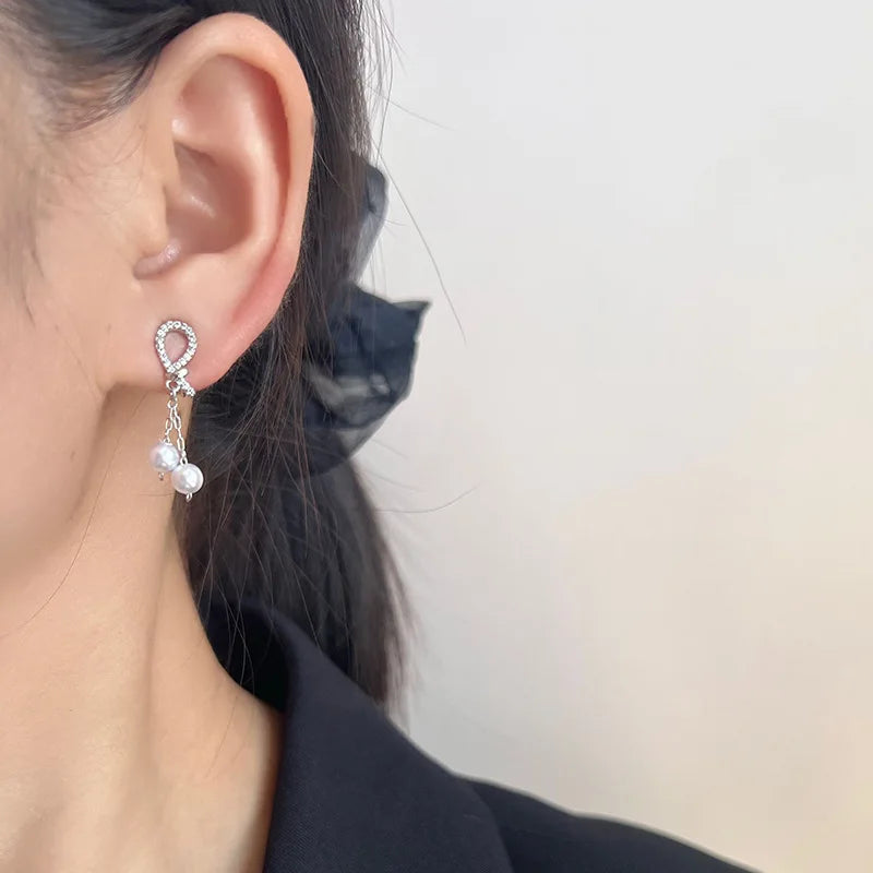 Elegant Teardrop Zircon Paved Pearl Tassel Spiral Alloy Stud & Clip On No Piercing Earrings