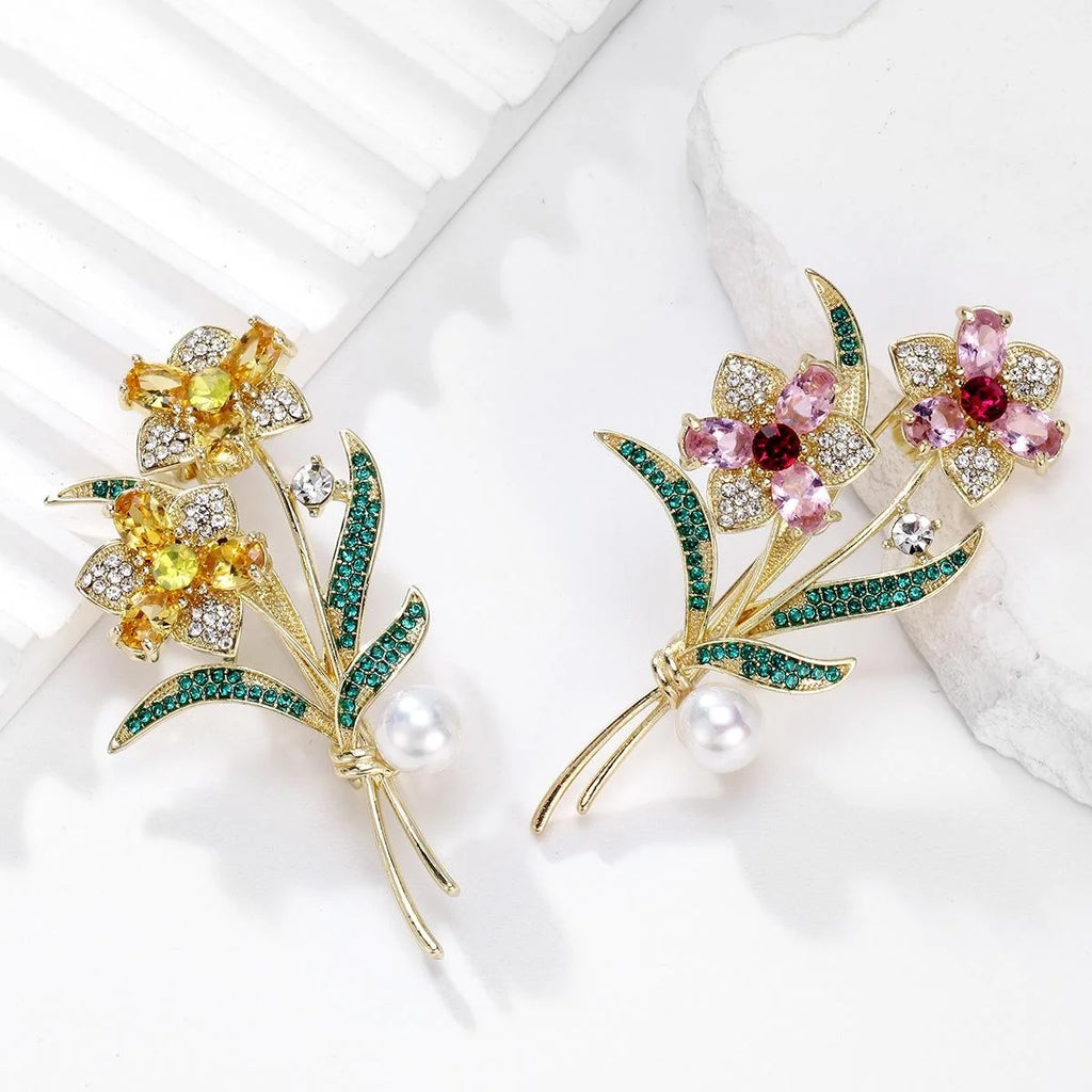 Elegant Rhinestone Yellow Flower Bouquet Brooch With Faux Pearl, Green Leaf Lapel Pin Suit Accessory Gift