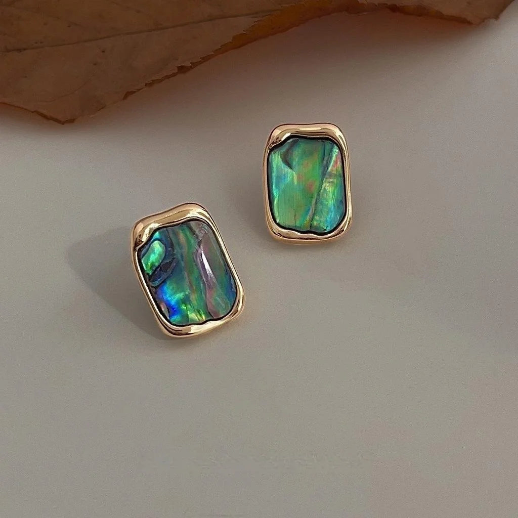 French Vintage 14K Gold Plated Copper Abalone Shell Rectangle Geometric Stud Earrings