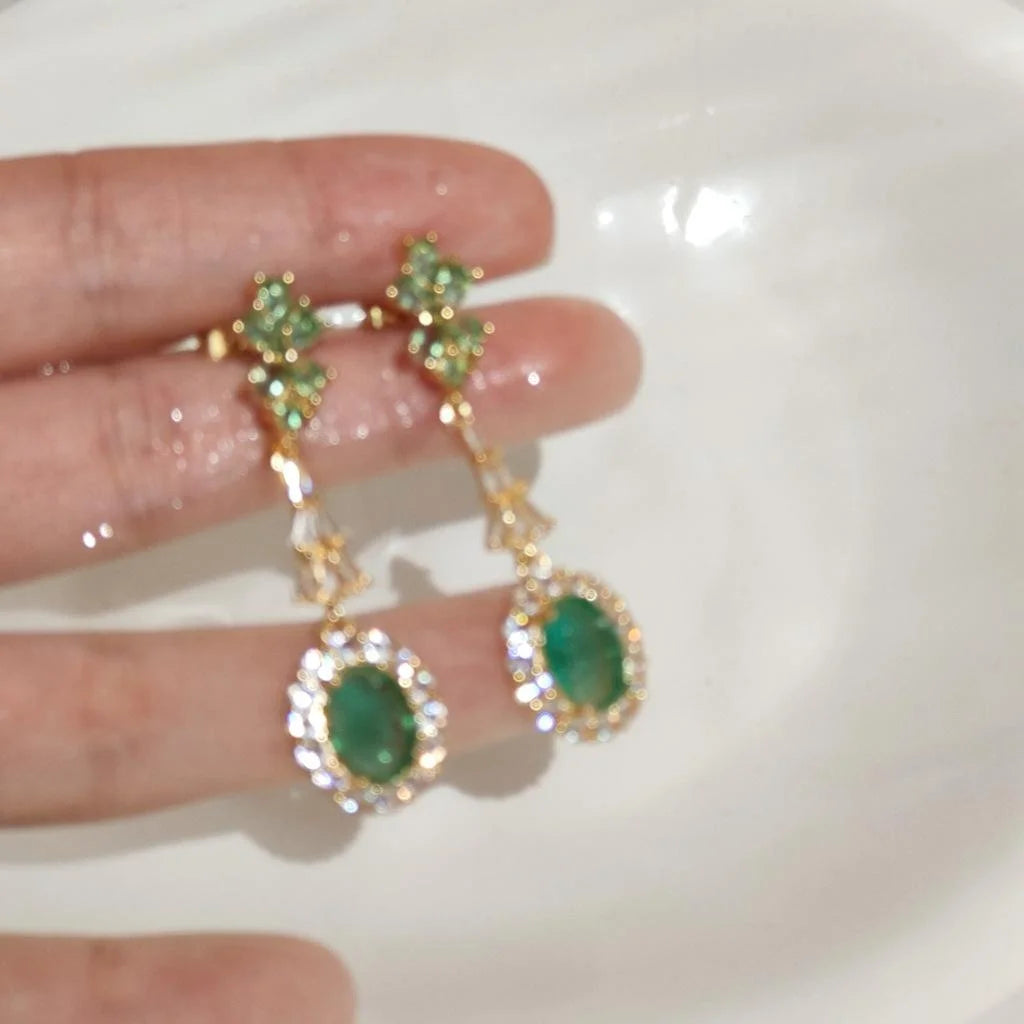 Vintage 14K Gold Plated Copper Green Zircon Teardrop Tassel Drop Earrings