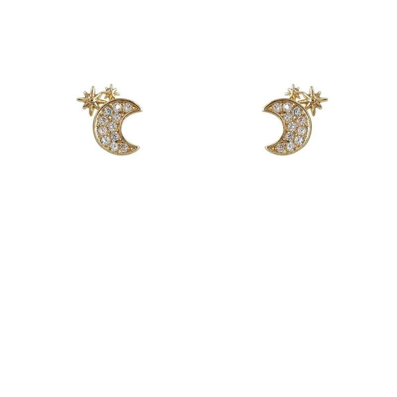 Sweet Mini Moon Star Zircon Copper Stud Earrings With Silver Plated Posts