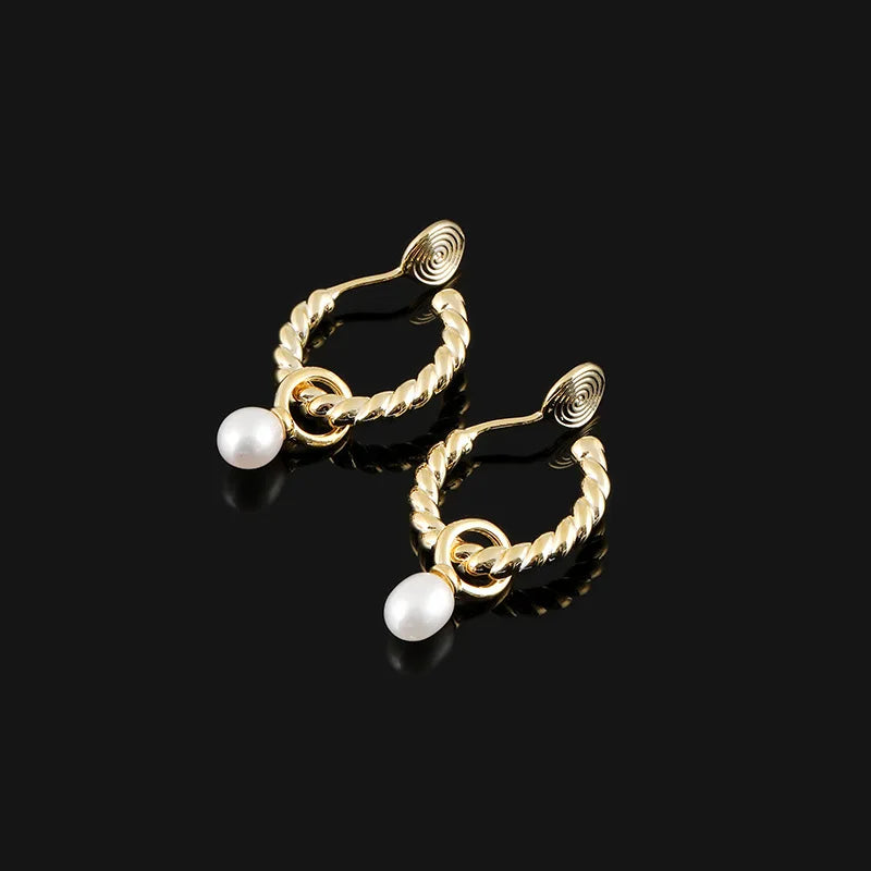 Elegant Twisted Hoop Freshwater Pearl Dangle Stud & Clip On No Piercing Spiral Ear Cuff Earrings
