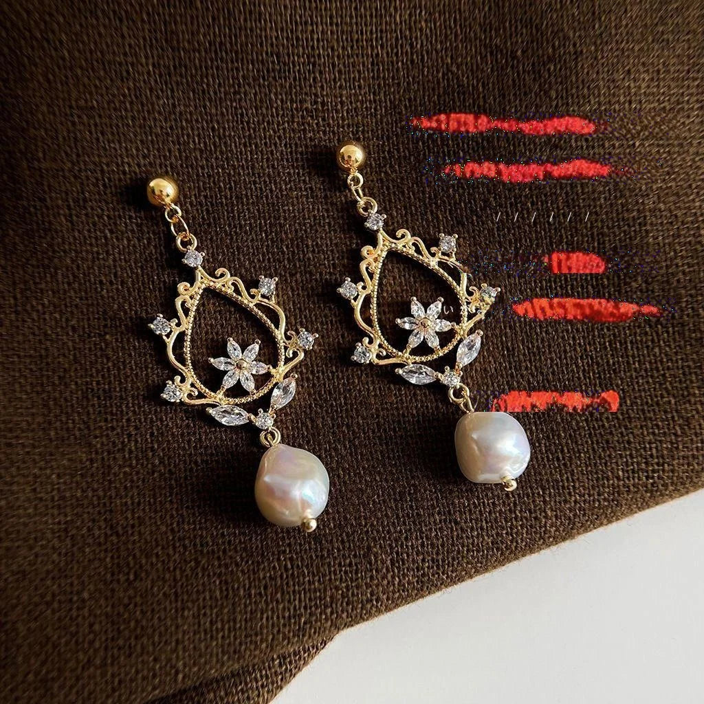 14K Gold Plated Copper Baroque Freshwater Pearl Micro Pave Zircon Geometric Tassel Drop Earrings
