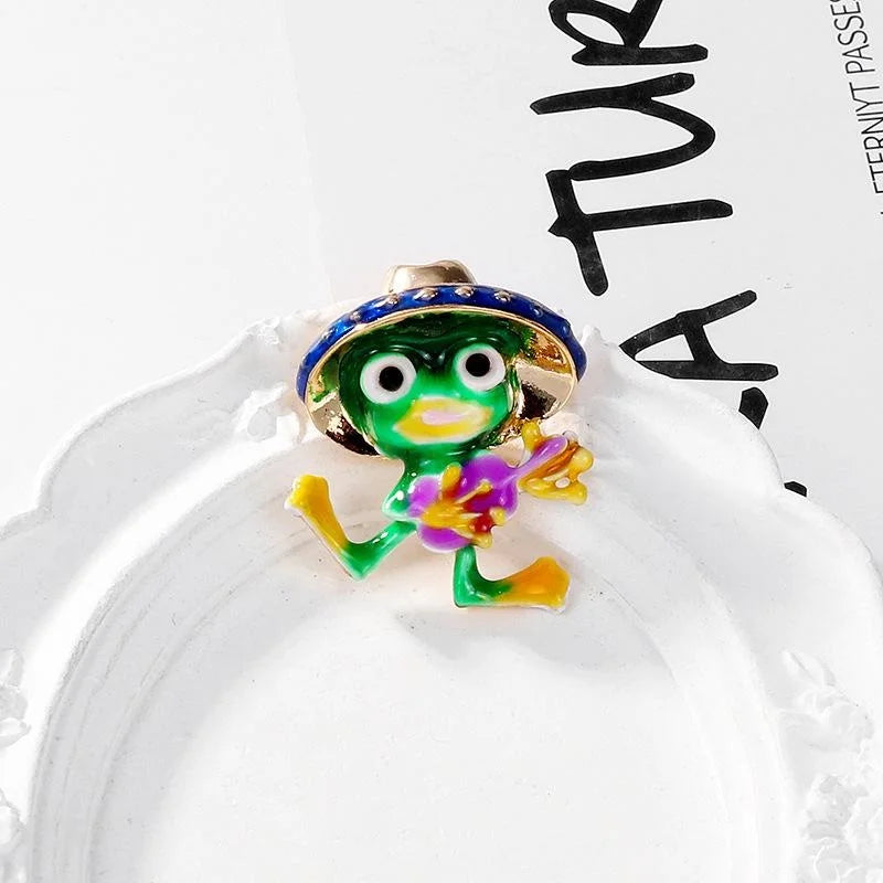 Cute Cartoon Green Frog Enamel Alloy Brooch With Hat, Animal Lapel Pin Coat Corsage Suit Accessory Gift