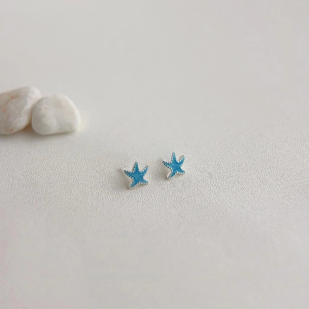 Mini Blue Starfish Copper Stud Earrings Cute Sweet Minimalist Commuter Jewelry For Women