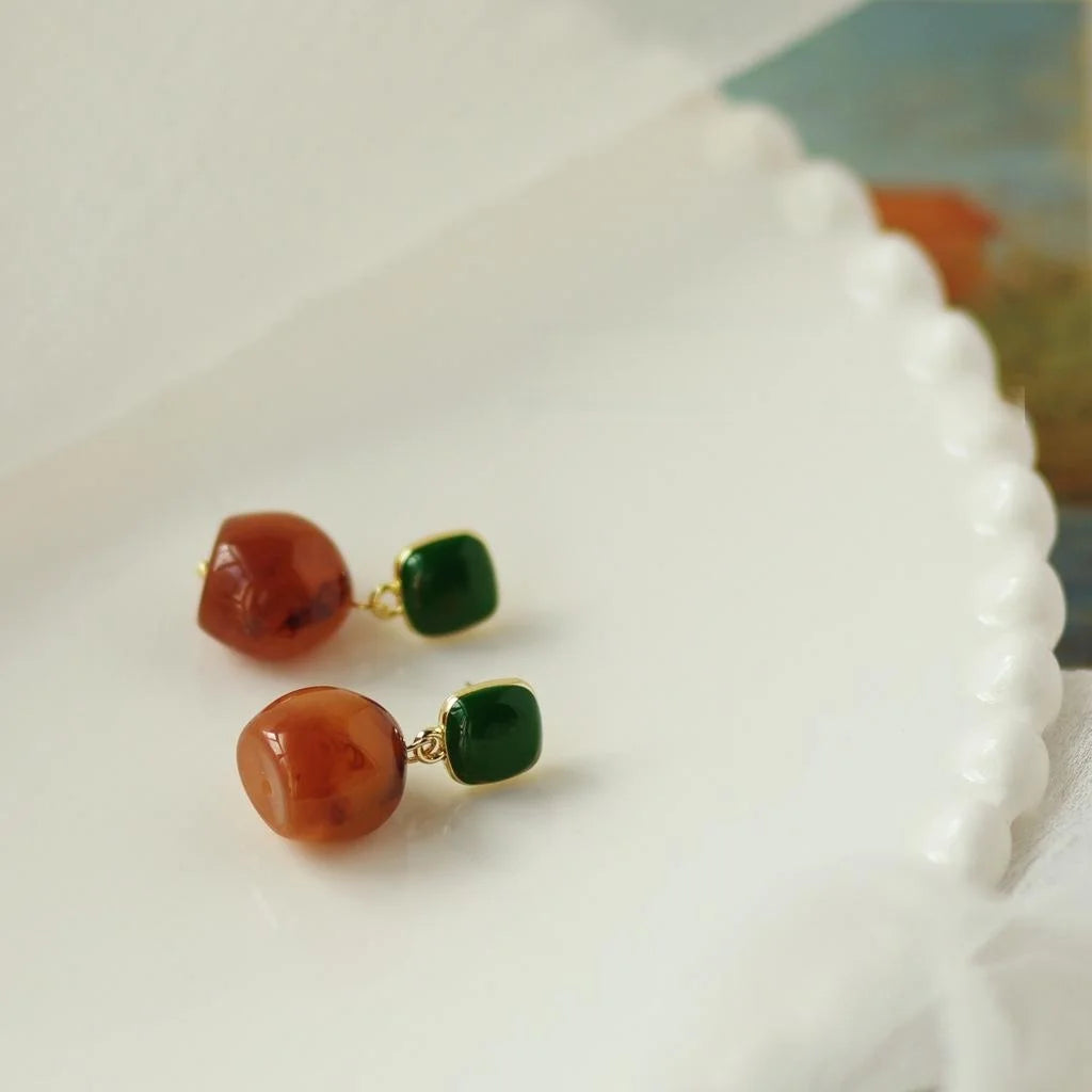 Vintage Hong Kong Style Round Resin Stud Earrings Silver Plated Pin Geometric Minimalist Jewelry