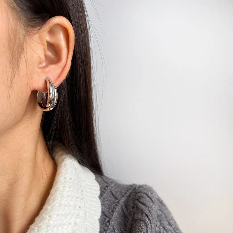 Elegant Alloy Double C Hoop Stud & Clip On No Piercing Silver Tone Hong Kong Style Women's Earrings