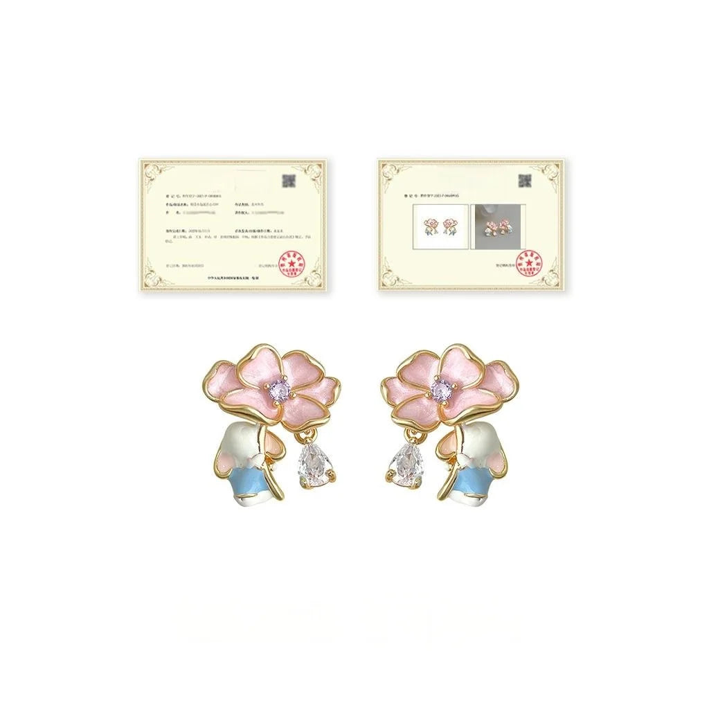 Cute Forest Rabbit Flower Drop Zircon Copper Stud Earrings, Niche Designer Animal Jewelry