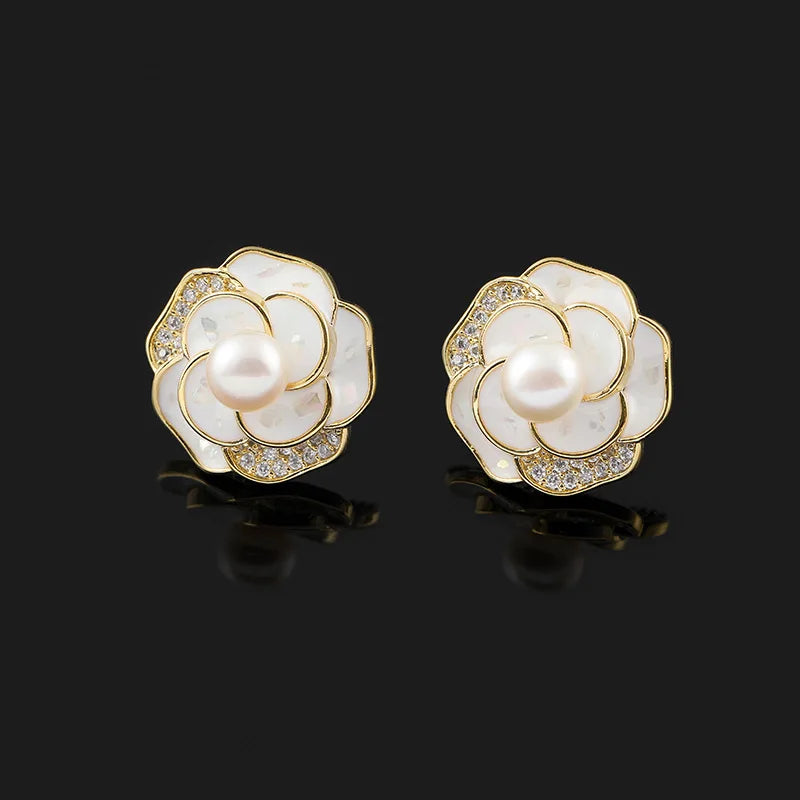 Elegant Luxury White Camellia Flower Pearl Enamel Rhinestone Stud & Clip On No Piercing Earrings