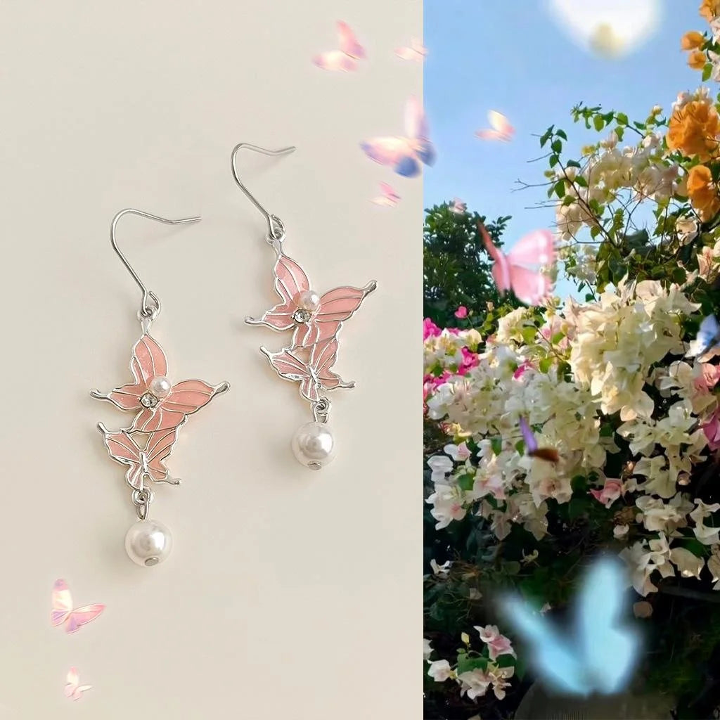 Sweet Gradient Butterfly Long Tassel Drop Earrings Copper Fairy Forest Style Summer Jewelry