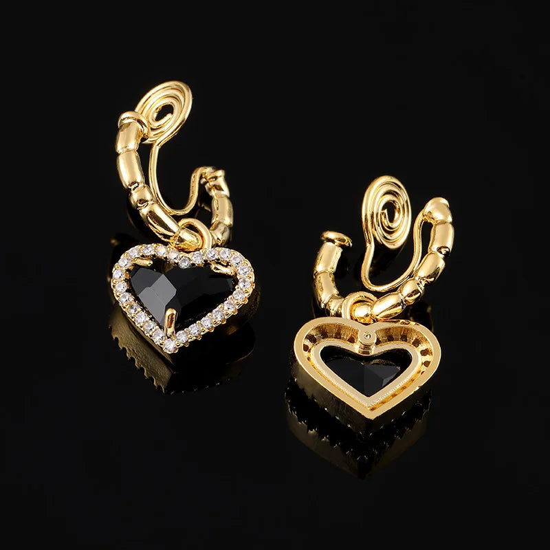 French Luxury Black Heart Zircon Rhinestone Spiral Hoop Stud & Clip On No Piercing Gold Tone Earrings
