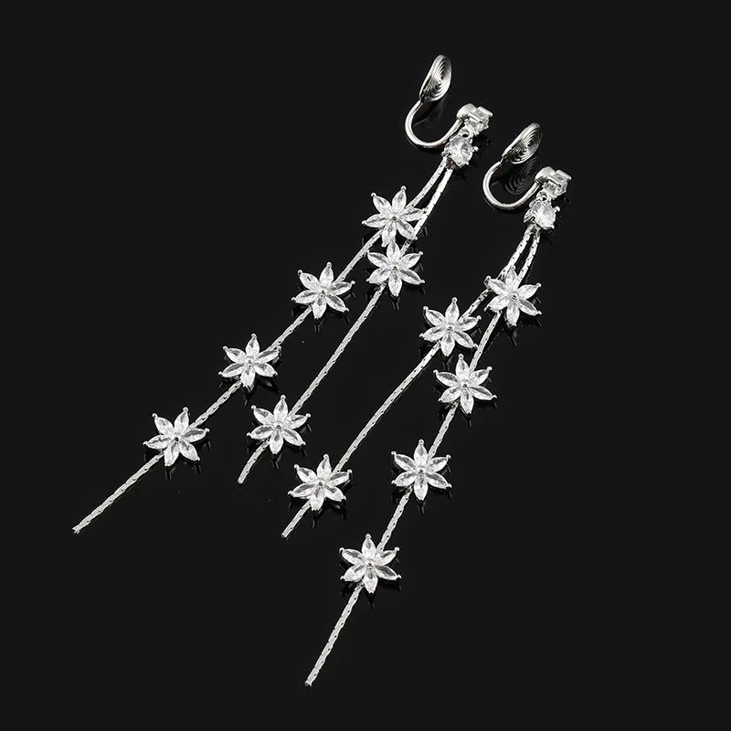 Elegant Rhinestone Flower Tassel Bridal Long Drop Stud & Clip On No Piercing Wedding Earrings