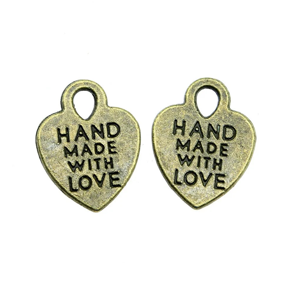15x12mm 0.9g Zinc Alloy Heart Hand Made with Love Double Sided Charm Pendant for DIY Bracelet Jewelry Making