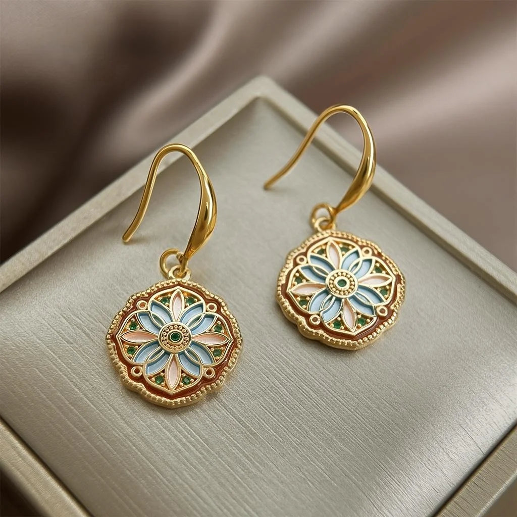 14K Gold Plated Copper Floral Geometric Drop Earrings Vintage Light Luxury Jewelry