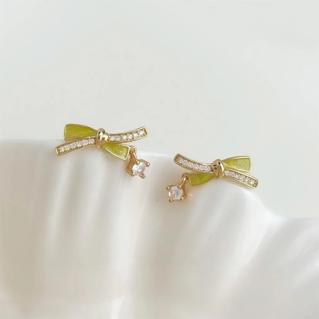 Copper 14K Plated Enamel Bow Stud Earrings With Zircon Micro Pave Sweet Girl Style