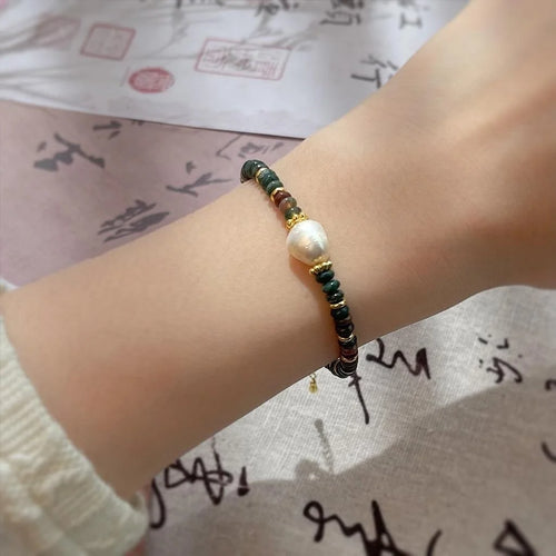 Natural Stone Indian Agate Freshwater Pearl Handmade Ethnic Vintage Geometric Bracelet