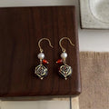 Vintage Handmade Freshwater Pearl Czech Glass Geometric Round Drop Earrings