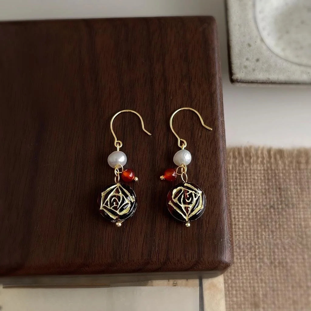 Vintage Handmade Freshwater Pearl Czech Glass Geometric Round Drop Earrings