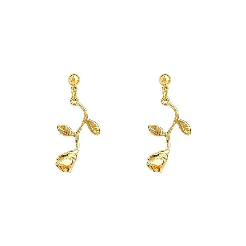 French Vintage 14K Rose Gold Plated Alloy Rose Flower Drop Earrings for Women