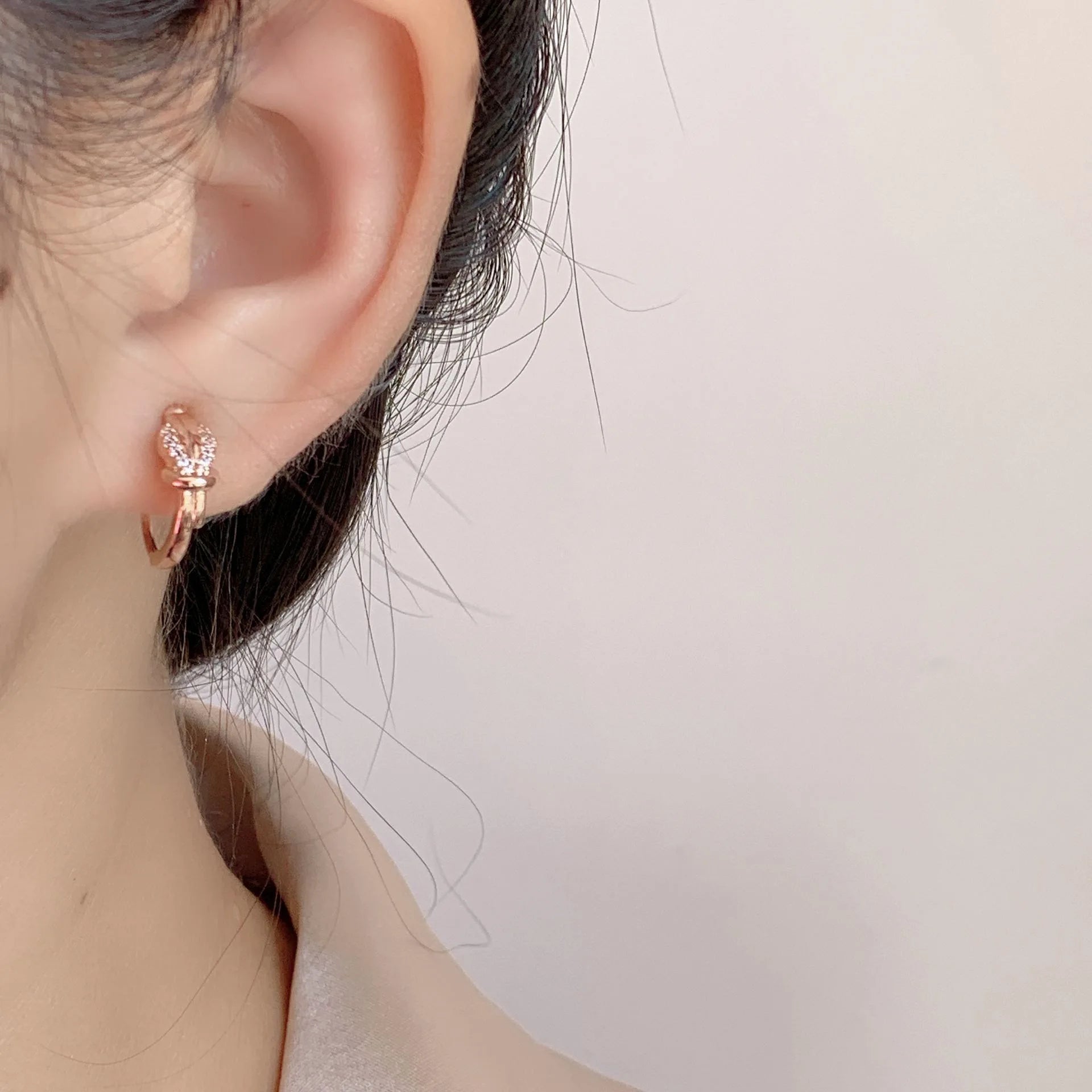 Elegant Rose Gold Alloy Knotted Small Hoop Stud & Clip On No Piercing Silicone Pad Rhinestone Earrings