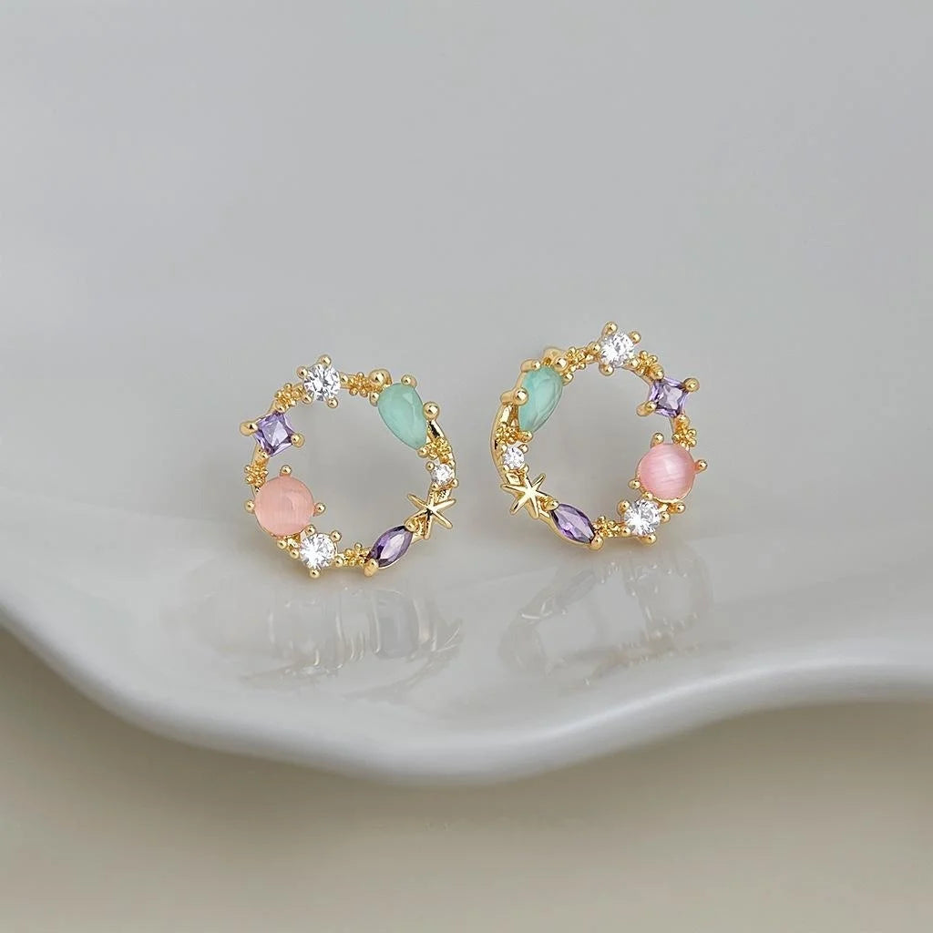 14K Plated Copper Zircon Floral Wreath Stud Earrings Colorful Forest Style Jewelry