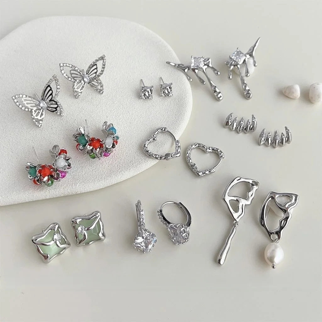 Niche Copper Micro Pave Zircon Butterfly Wing Heart Asymmetric Drop Earrings