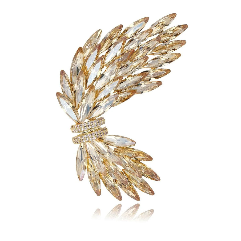Luxury Wing Brooch For Women With Zircon Rhinestones, Elegant Gold Lapel Pin Corsage Suit Accessory Gift