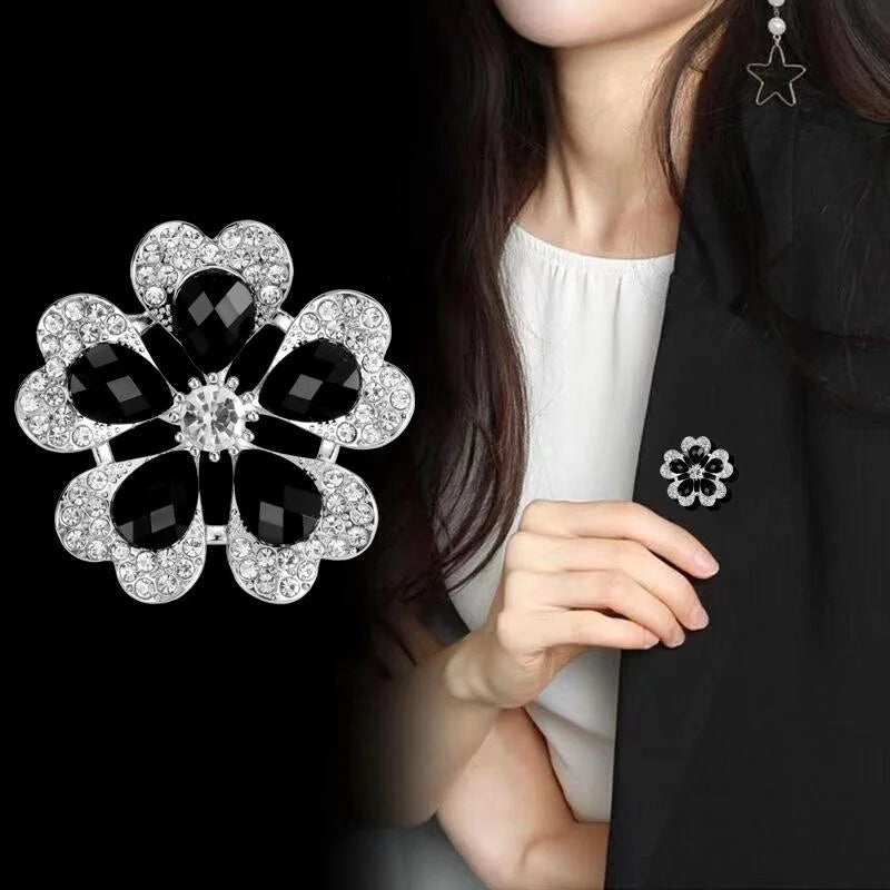 Luxury Black Crystal Flower Brooch With Rhinestone Alloy Petals, Elegant Women's Lapel Pin Suit Corsage Gift