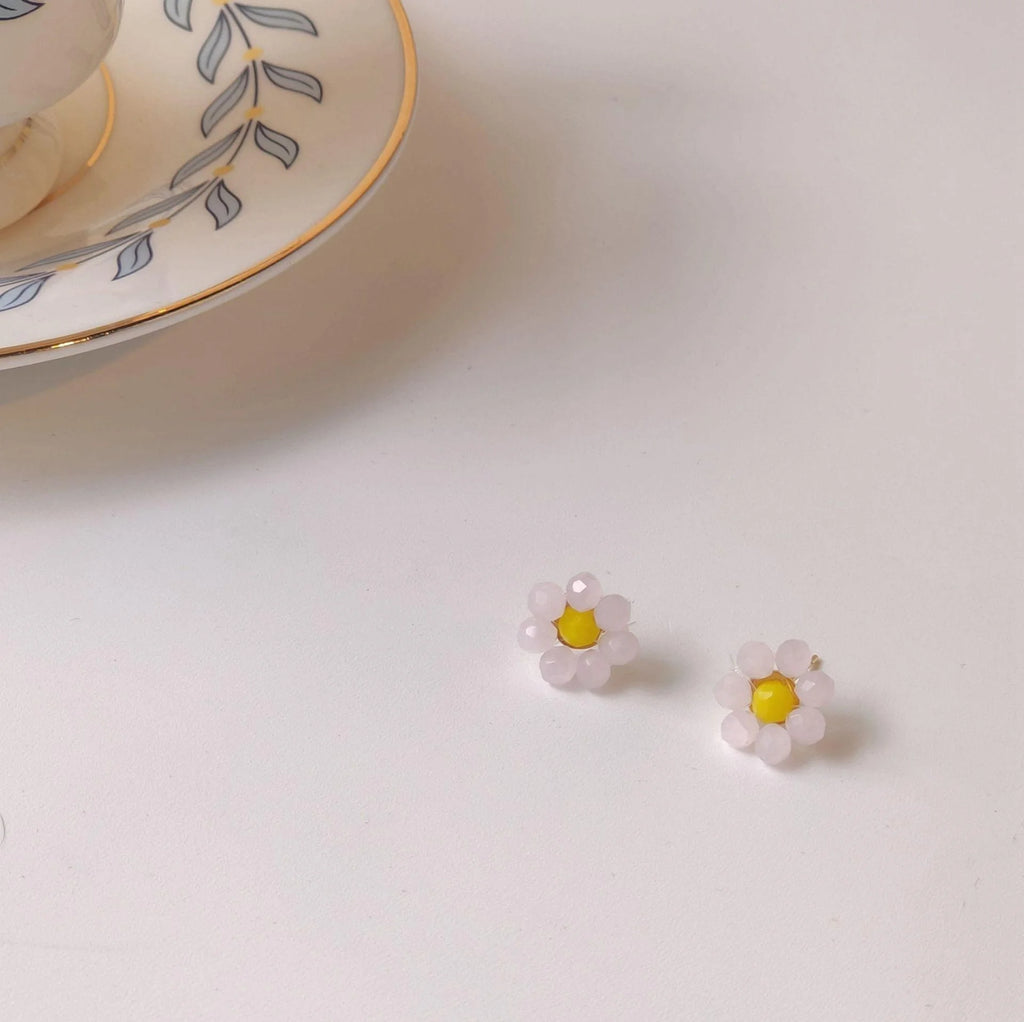 Korean Style Handmade Woven Glass Crystal Flower Stud Earrings With Silver Plated Pins