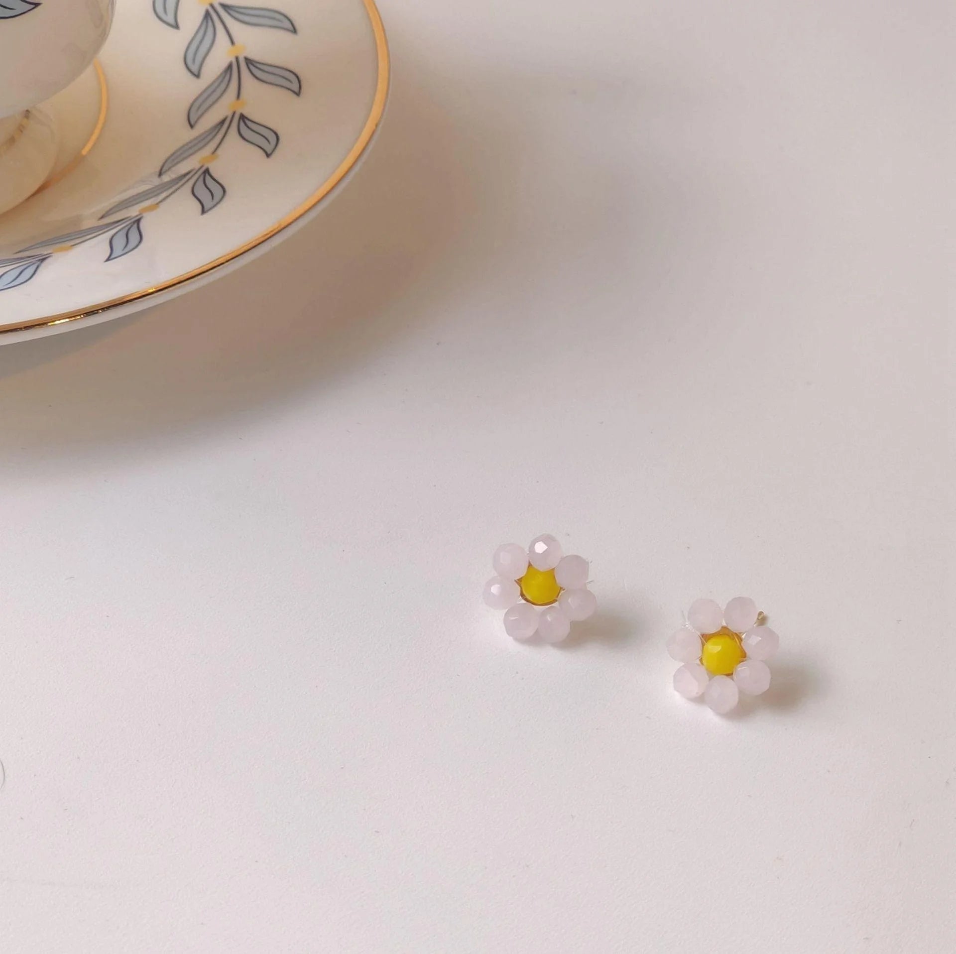 Korean Style Handmade Woven Glass Crystal Flower Stud Earrings With Silver Plated Pins
