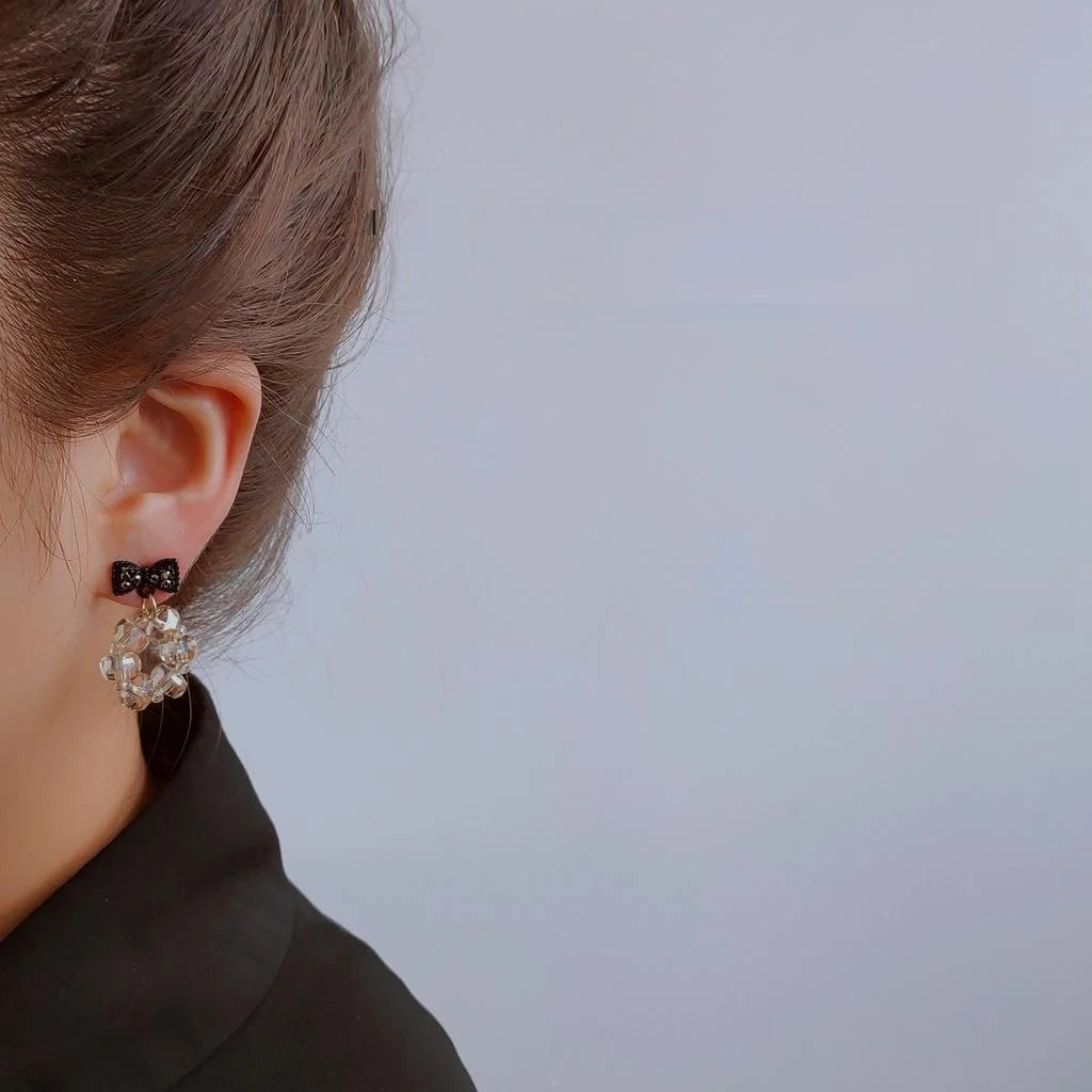 14K Gold Plated Black Crystal Bow Drop Earrings Handmade Korean Light Luxury Style