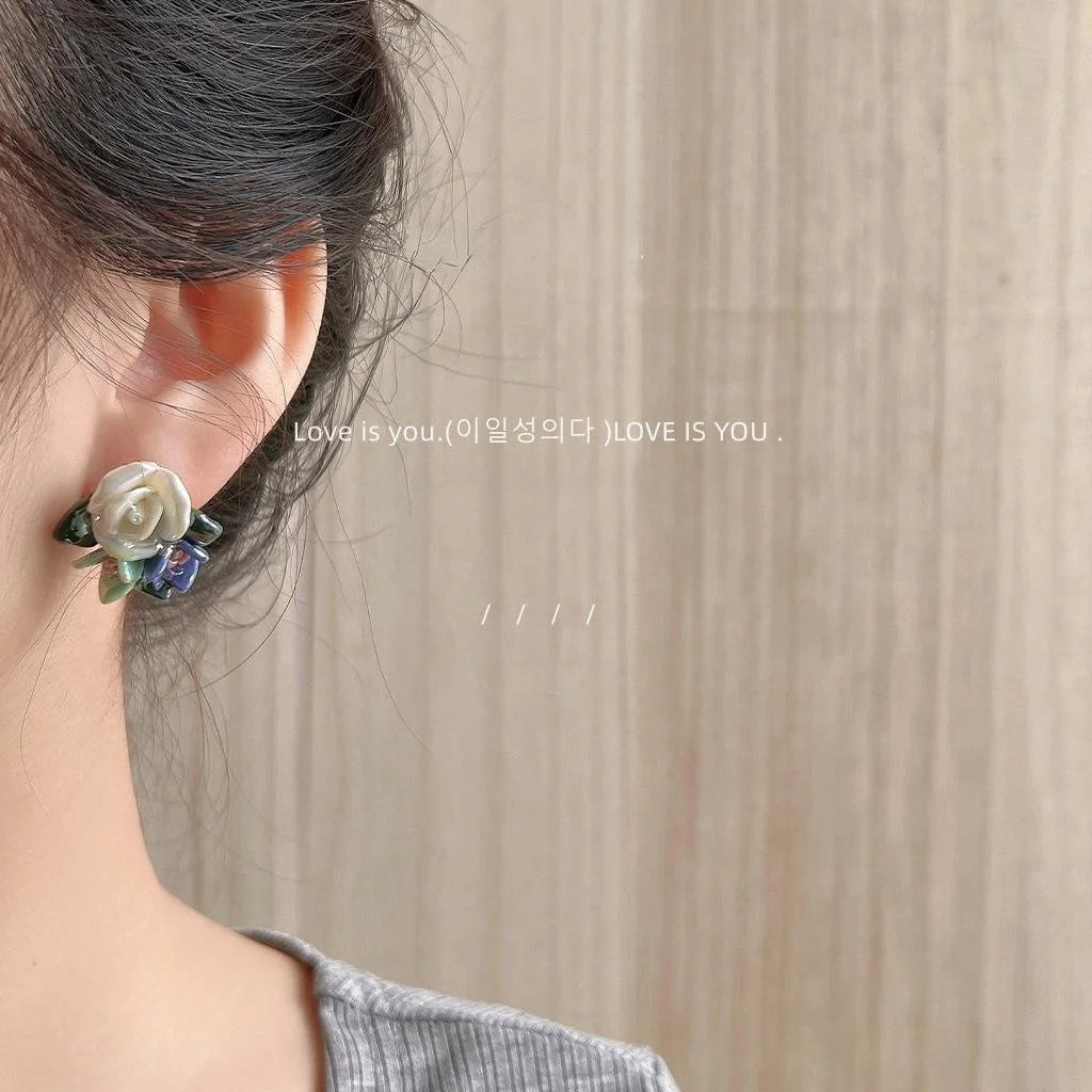 Forest Style Silver Plated Pin Ceramic Flower Stud Earrings Fresh Sweet Blue Floral Petal Design