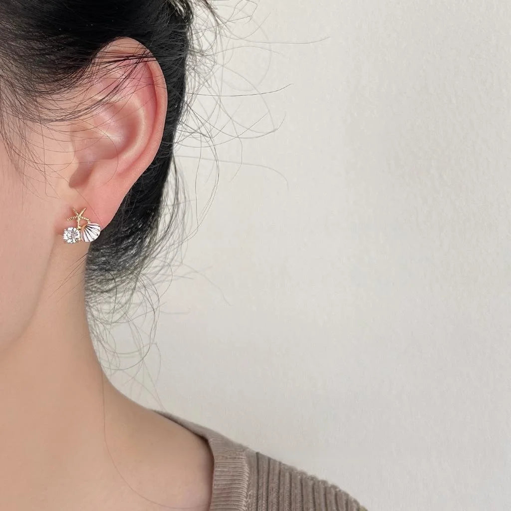 14K Plated Copper Micro Pave Zircon Asymmetric Starfish Stud Earrings, Niche Shell Design