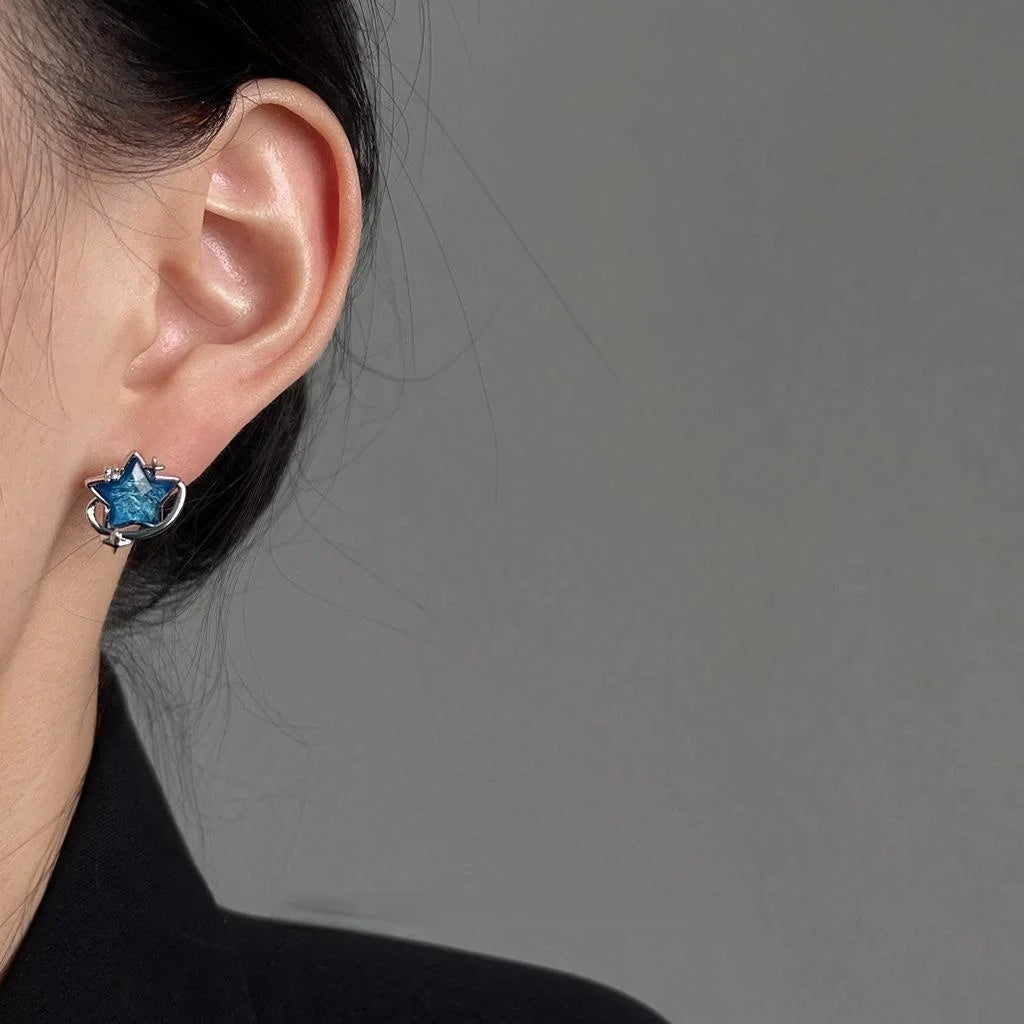 Blue Glass Five Point Star Stud Earrings Silver Plated Sweet Cool Geometric Jewelry