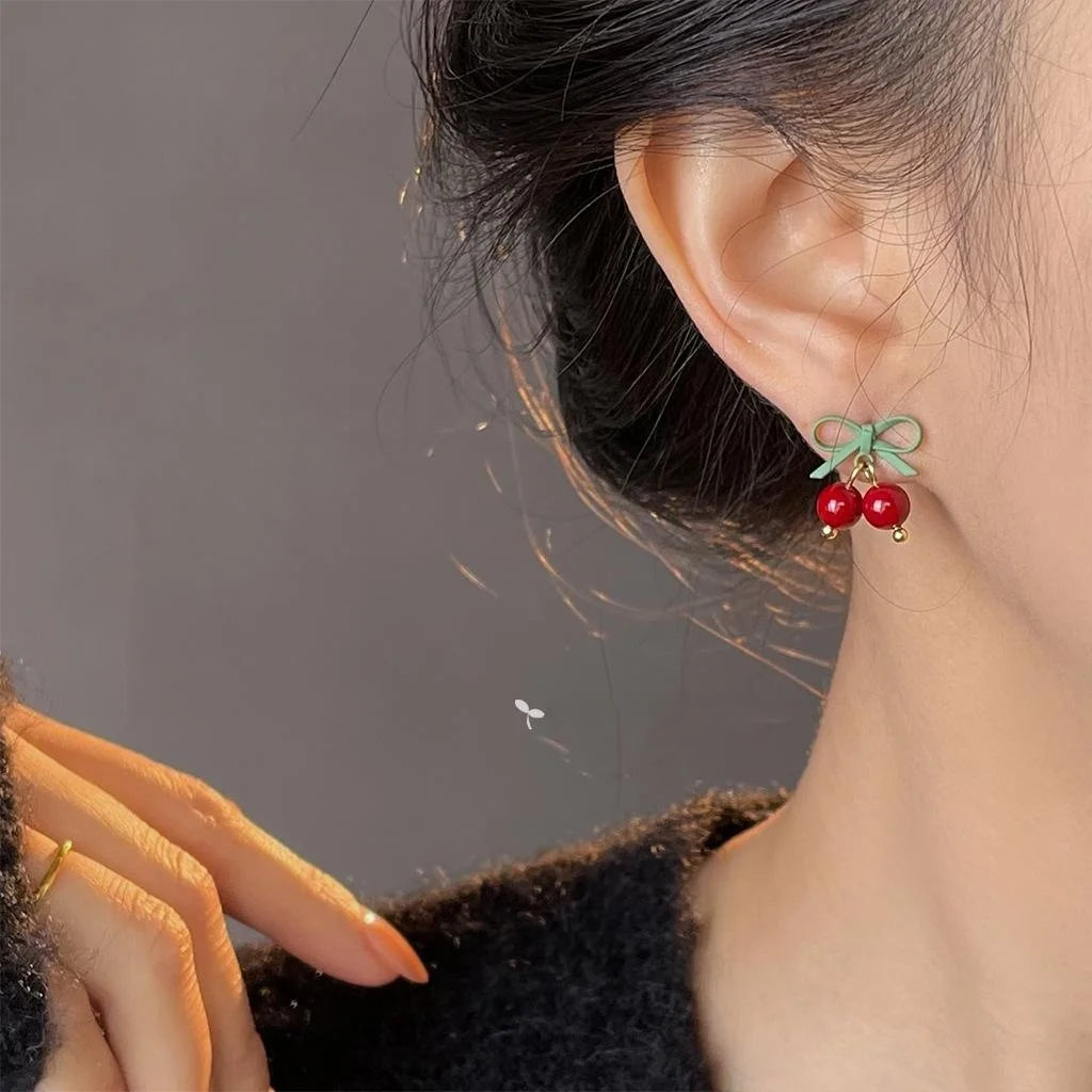 Sweet Handmade Glass Cherry Bell Drop Earrings Christmas Fruit Jewelry