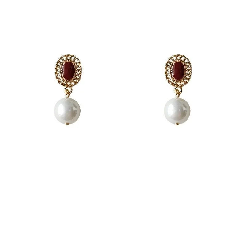 Hong Kong Style Vintage Burgundy Copper Silver Plated Floral Double Hoop Drop Earrings