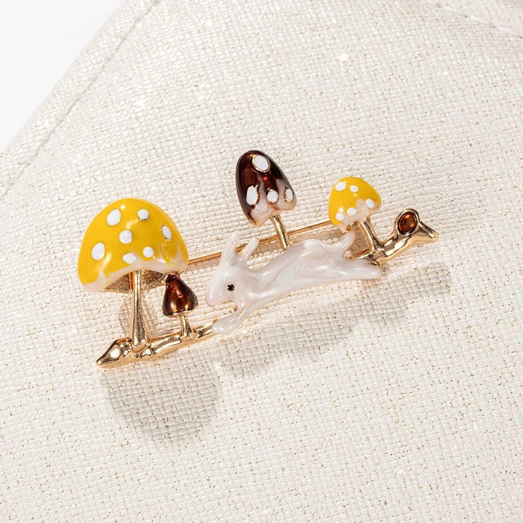 Cute Enamel Rabbit And Mushroom Alloy Brooch Pin, Whimsical Woodland Lapel Pin Corsage Gift For Women
