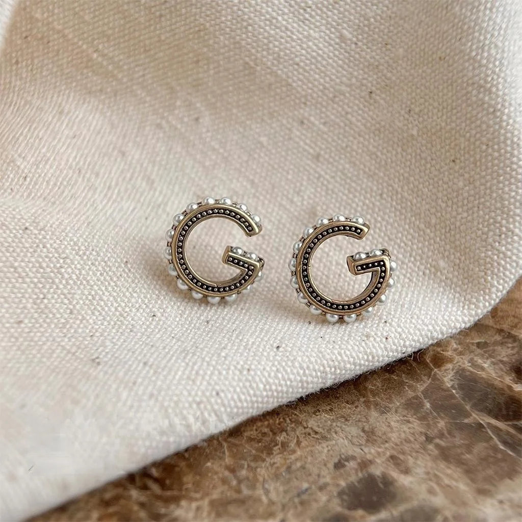 Vintage Letter G Pearl Stud Earrings Eco-Friendly Copper Versatile Fashion Jewelry