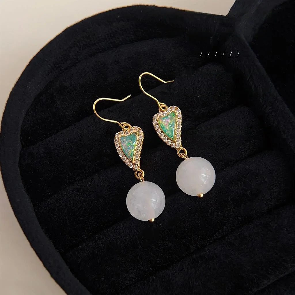New Chinese White Jade Copper Heart Drop Earrings With Micro Pave Zircon French Vintage Style