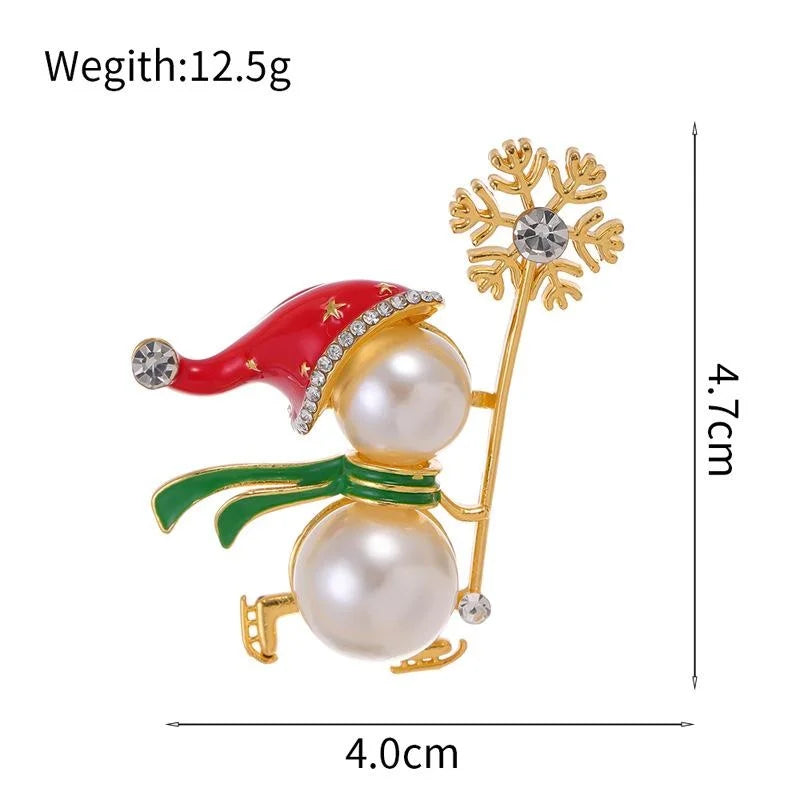 Cute Christmas Snowman Magic Wand Brooch, Enamel Rhinestone Faux Pearl Alloy Lapel Pin Corsage Gift