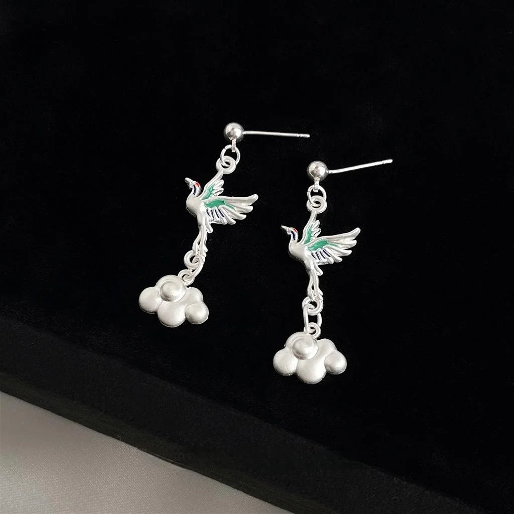 New Chinese Style Copper Crane Cloud Long Tassel Drop Earrings